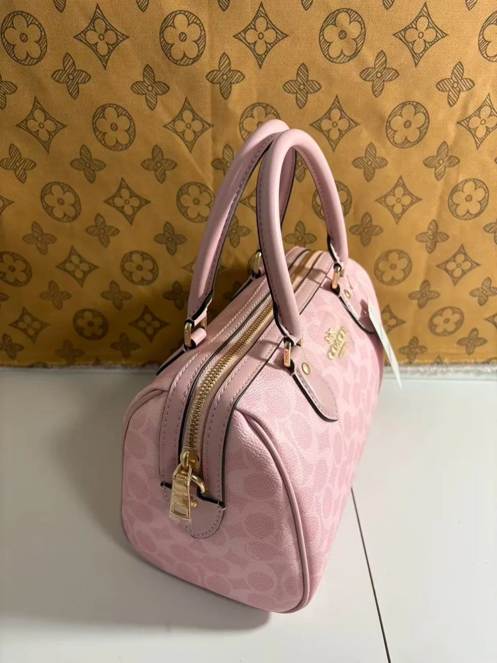 Coach Pink Signature Dome Satchel with Gold Hardware